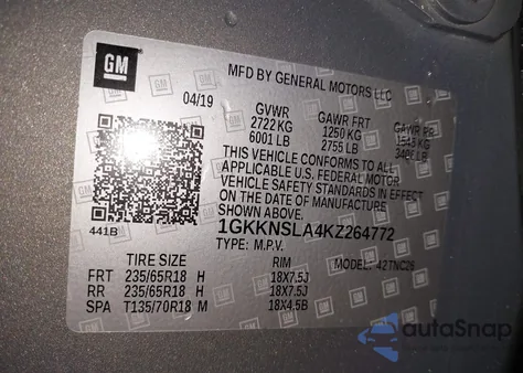 2019 GMC Acadia Sle-2 from USA, damaged, VIN 1GKKNSLA4KZ264772
